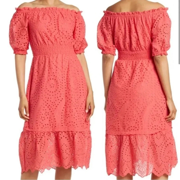 Betsey Johnson Women's Eyelet Midi Puff Sleeve Dress Paradise Pink Sz XS Spring - Picture 1 of 13